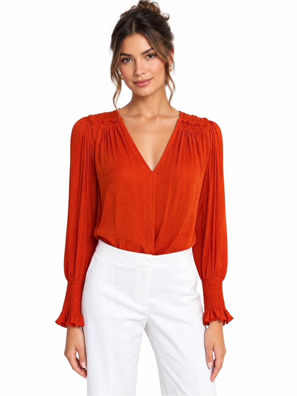 Rebecca Taylor Burnt Orange Silk Smocked Blouse XS